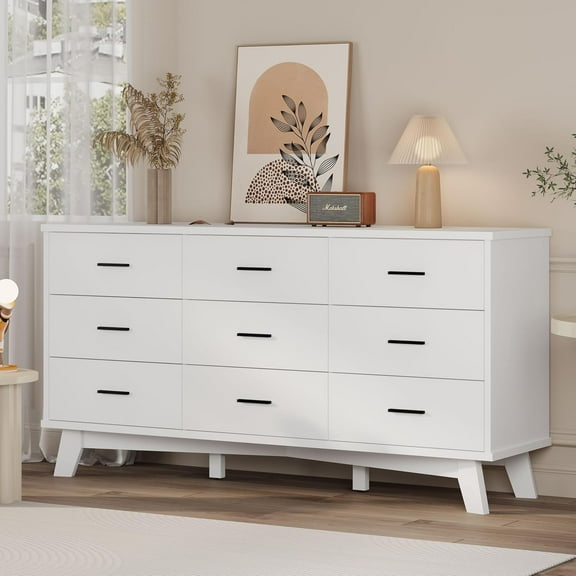 FANRAL 9 Drawer Dresser for Bedroom,Wood Modern Chest of Drawers with X-Shaped Sturdy Base,White Dresser