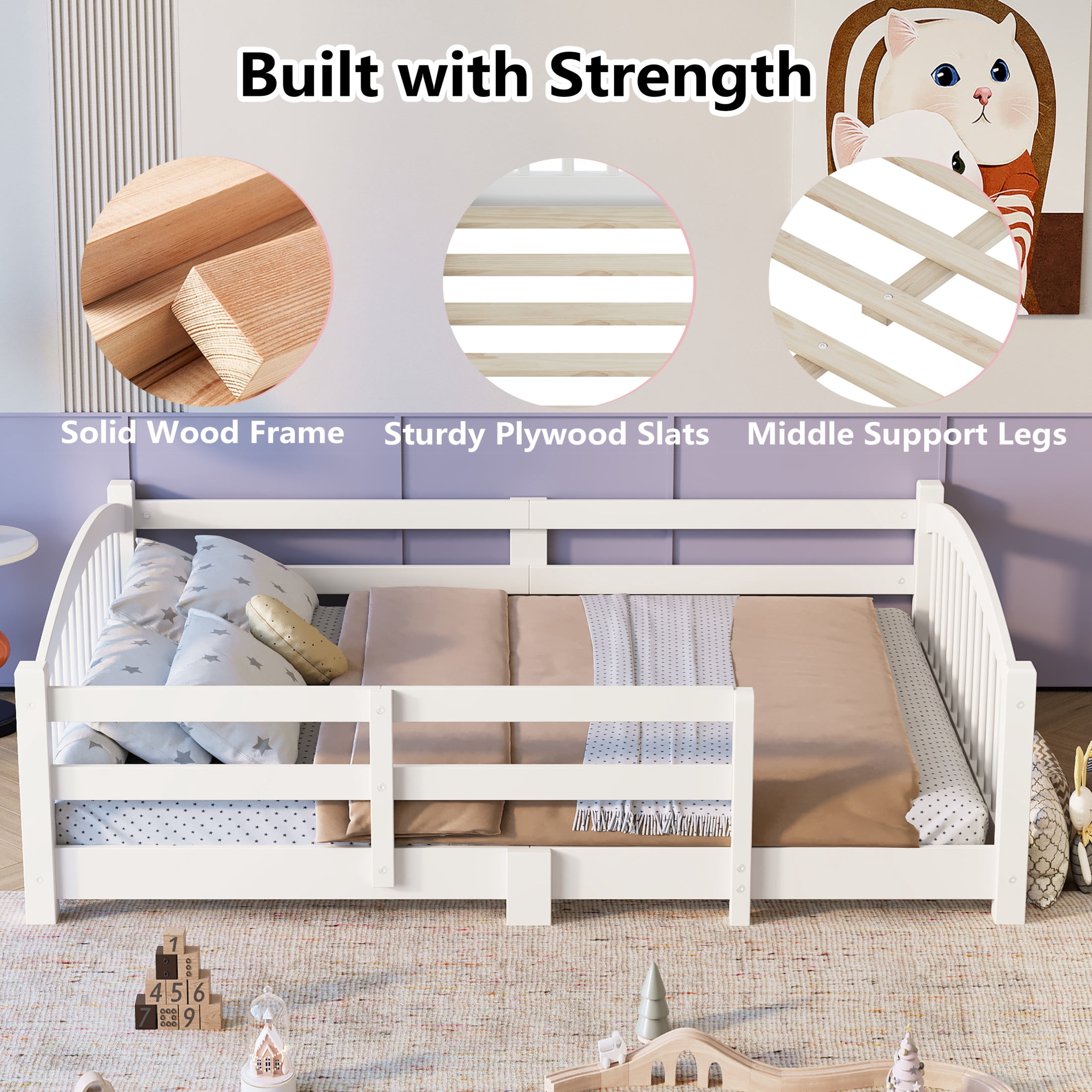 Noble House Twin Floor Bed with Slats, Safety Guardrails, Solid Wood Frame, White