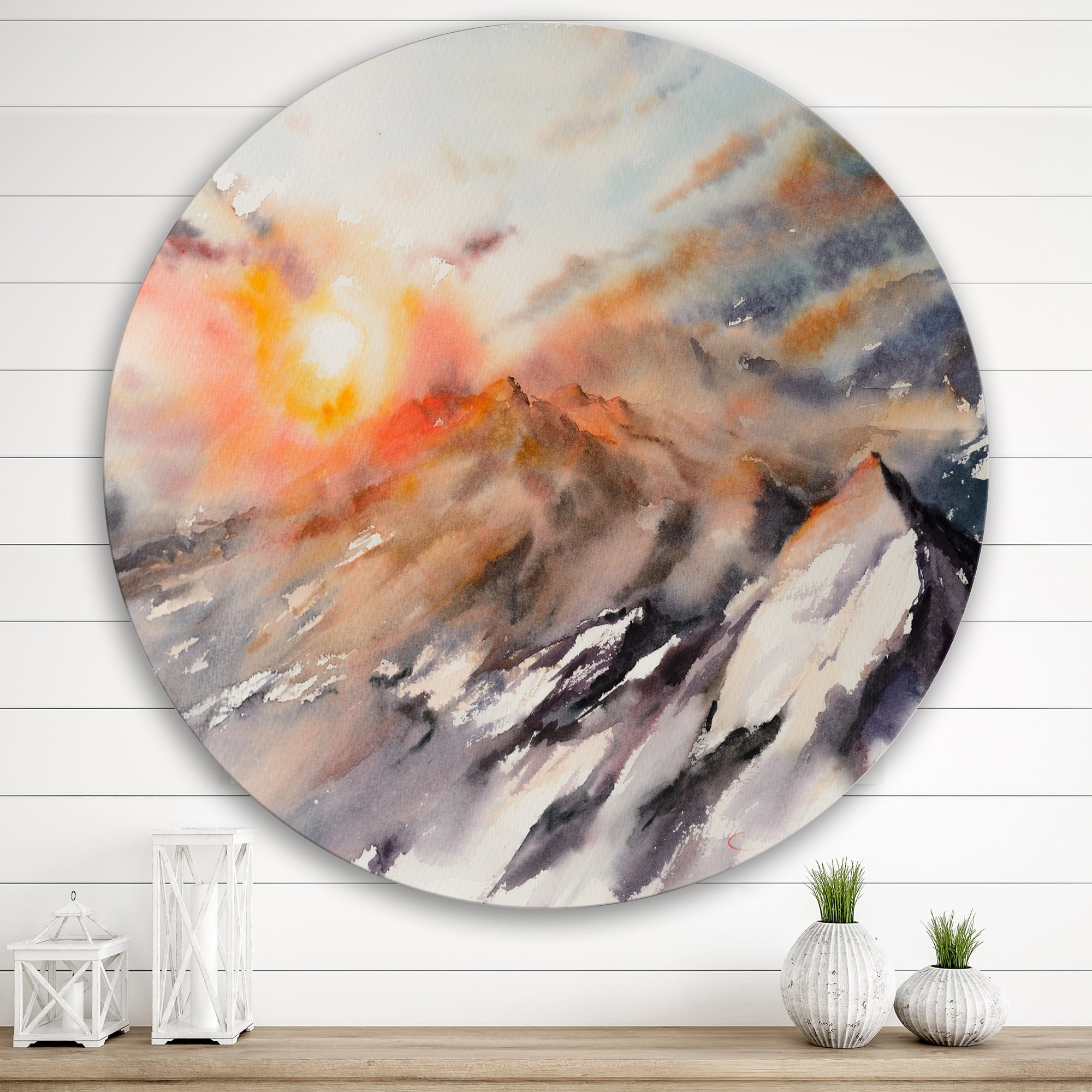 Designart 'Majestic Sunset Glow on The Mountains Landscape' Traditional Circle Metal Wall Art 36x36 - Disc of 36