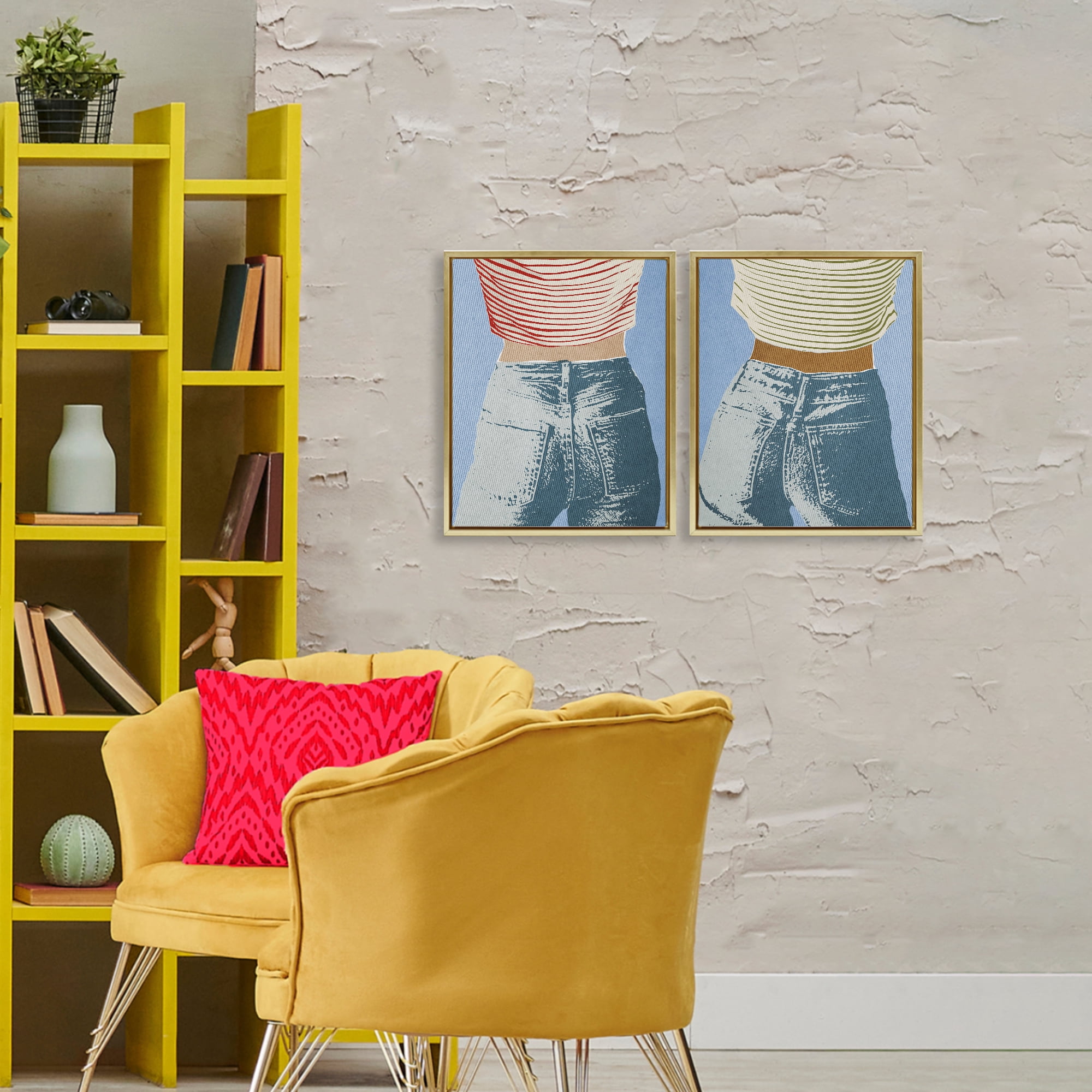 Stupell Industries Favorite Jeans with Striped Shirt 2 Piece Gold Framed Floater Canvas Set, design by Victoria Barnes