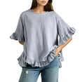 thumbnail image 1 of Blouse à Col à Volants pour Femmes - Chemise Boutonnée à Manches Courtes d'Été, Coupe Ample Décontractée Col Rond avec Détails Féminins (Gris / TG), 1 of 7