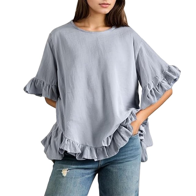 Blouse à Col à Volants pour Femmes - Chemise Boutonnée à Manches Courtes d'Été, Coupe Ample Décontractée Col Rond avec Détails Féminins (Gris / TG)