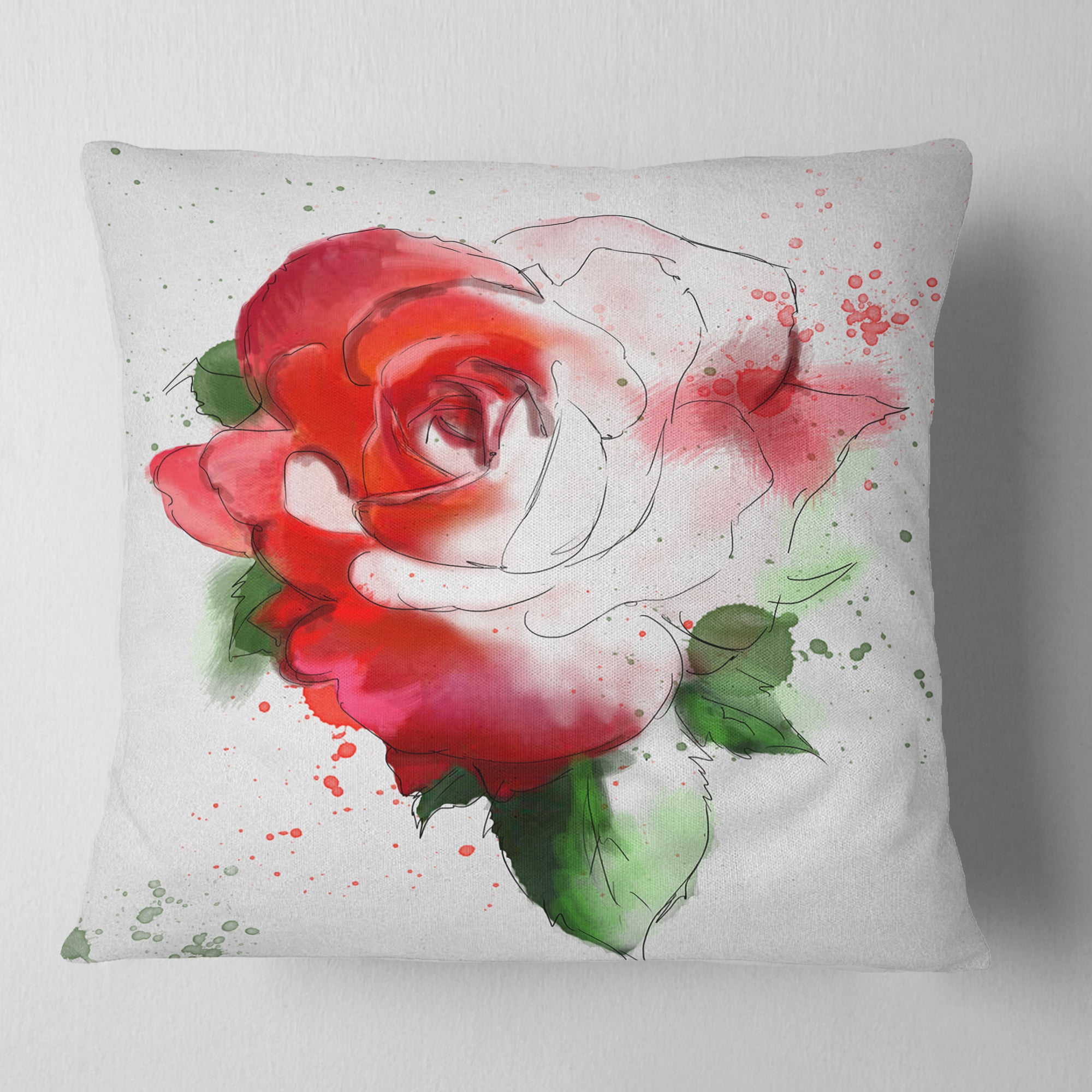 Designart Red Hand drawn Rose Illustration - Floral Throw Pillow - 16x16