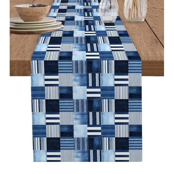 Blue White Plaid Table Runner 70 Inches, Modern Geometric Striped Checkered Bed Runner Dresser Scarves Tabletop for Indoor Outdoor Parties/Ceremony/Banquet, 13" x 70"