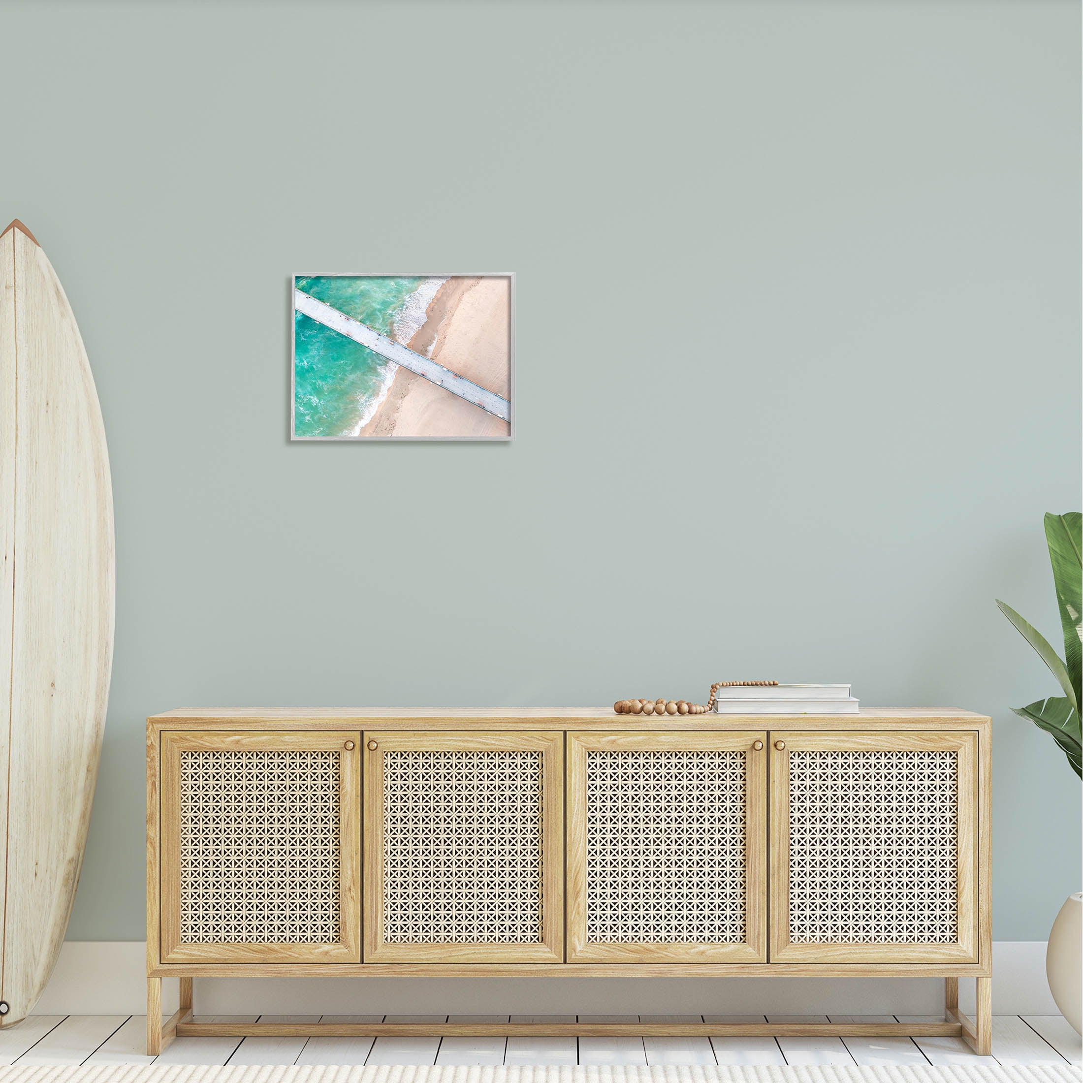 Aerial Ocean Beach Bridge Coastal Photograph Gray Framed Art Print Wall Art