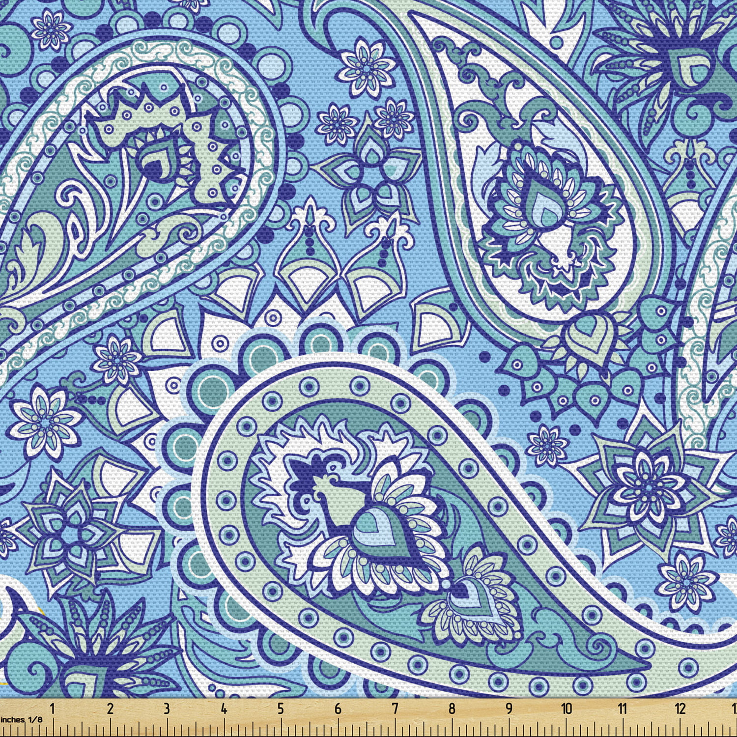 Blue Paisley Fabric By The Yard Motifs Of Traditional Flowers Motif