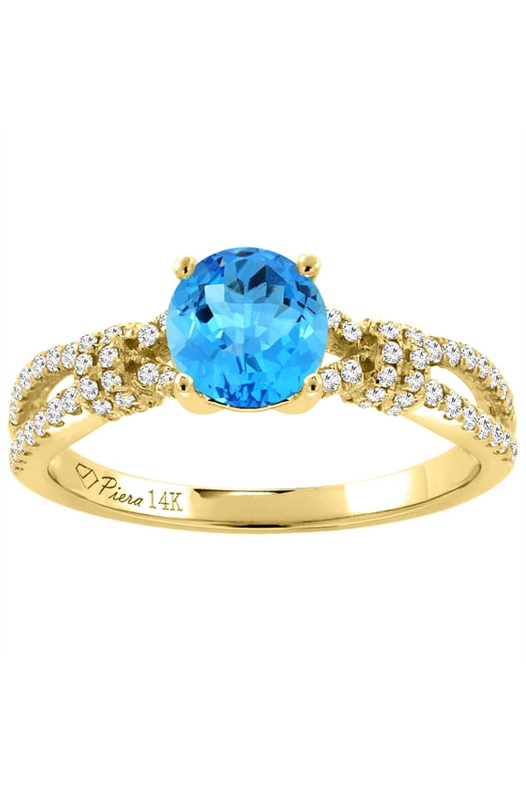 14K Yellow Gold Diamond Natural Swiss Blue Topaz Engagement Ring Round 7 mm, size 7