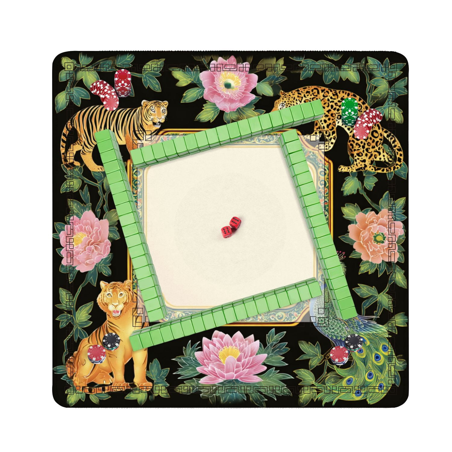 Mahjong Mat 31.5" x 31.5" Ornamental Tiger Leopard Peacock Pink Peonies Green Foliage Black Non-Slip Noise Reduction American Mahjong Tiles Table Cover for Dominoes Poker Card Board Games Gift