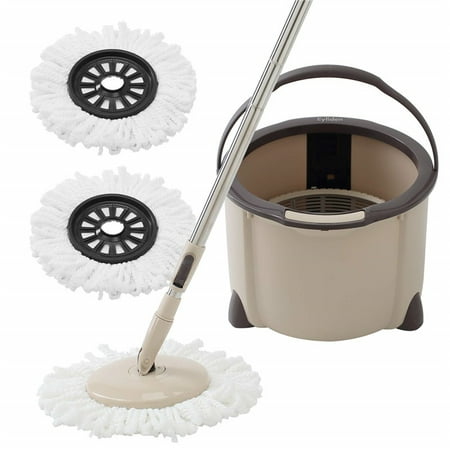 Eyliden Microfiber Spin Mop with Bucket, 360 Spin Rapid Dehydration Dust Mop Buckets with Total 2 Mop Pads with Adjustable Handle, Dry and Wet Mops (Brown)