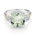 thumbnail image 2 of Gem Stone King 925 Silver and 10K Yellow Gold Green Prasiolite and White Topaz 3 Stone Ring for Women (4.41 Cttw, Gemstone Birthstone, Cushion Checkerboard 10MM, Round 4MM, Size 6), 2 of 3