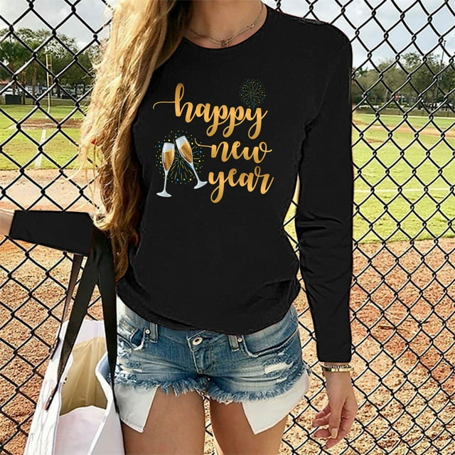 DPTALR T-shirt Imprimé Années Heureuses pour Femmes Manches Longues Blouse Décontractée