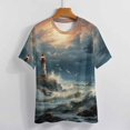 thumbnail image 3 of Lighthouse Sunrise Coast Scenery Pale Blue Tan Women's Short Sleeve T-Shirt Crew Neck Casual Summer Trendy Loose Fit Tops, 3 of 6