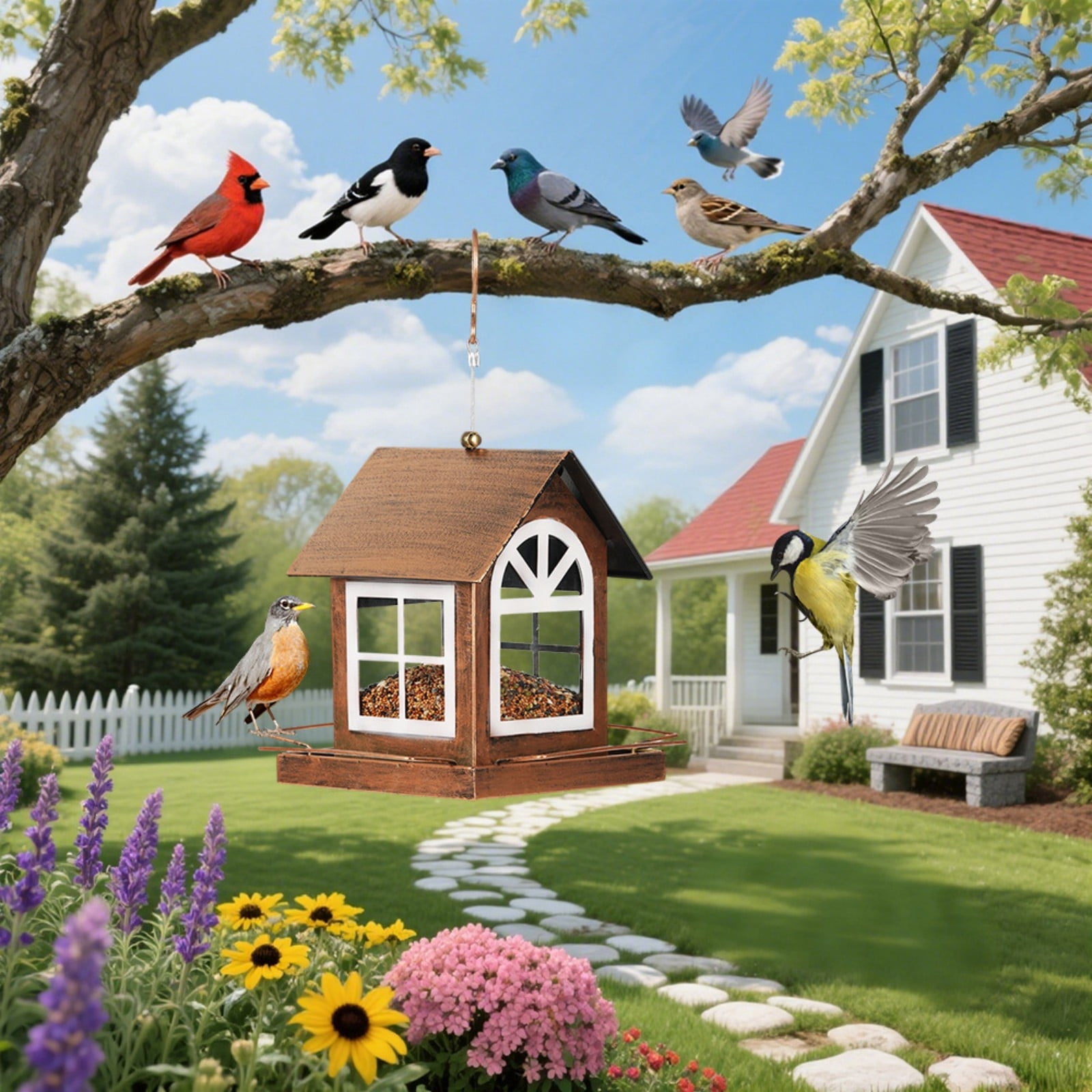 Squirrel Proof Metal Bird Feeder, Outdoor Sturdy Hanging Feeder, Adjustable Seed Garden Birdhouse, Patio Large Capacity Feeder, 18.66x8.86x7.09 Inches