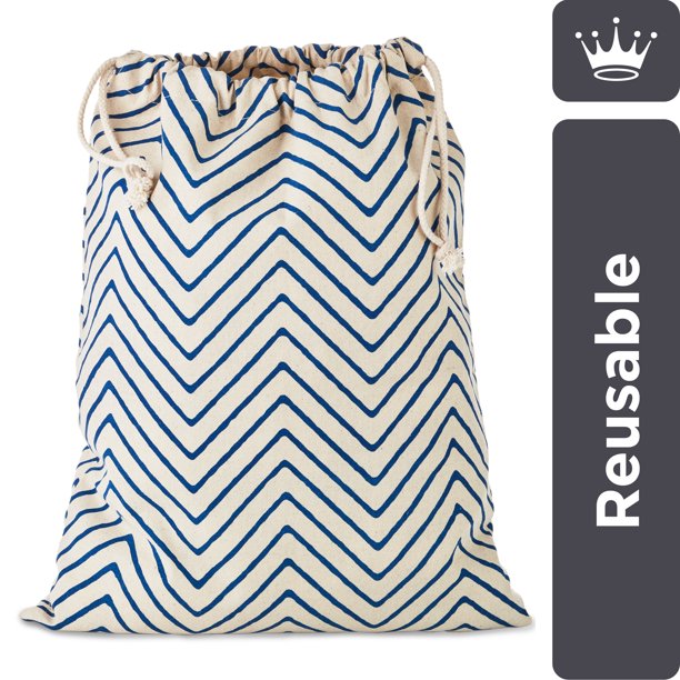 Hallmark 20" Extra Large Fabric Drawstring Gift Bag (Ivory and Blue
