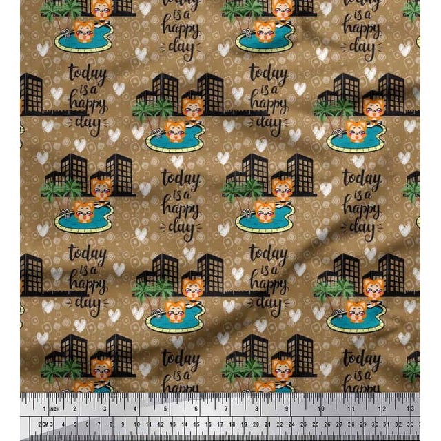 Soimoi Poly Georgette Fabric Swimming Pool,Cartoon & Buildings Architectural Print Fabric by the Yard 42 Inch Wide