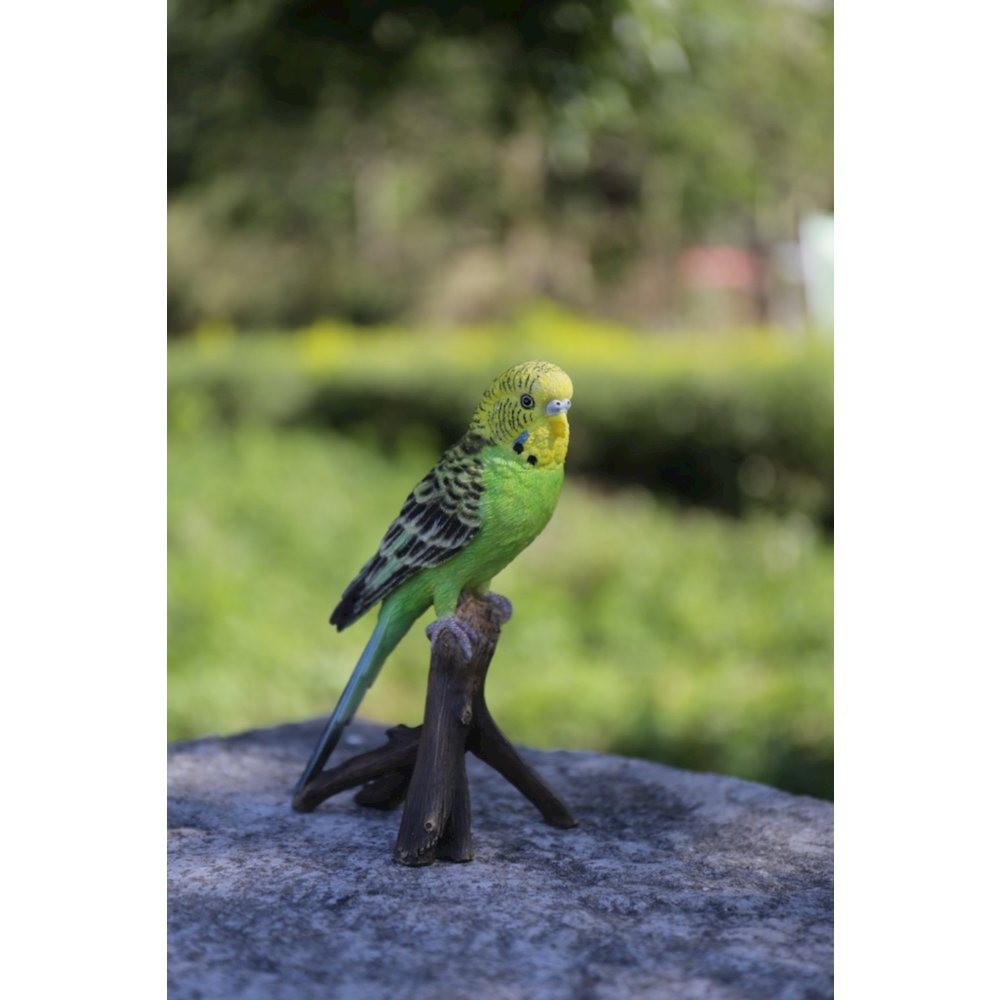 Hi-Line Gift Budgie on Branch 7” Green Animal Garden Statue, Incredibly Realistic