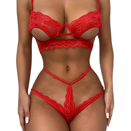 

Valentine Women Eyelashes Breathable Cutout Sling Transparent Tight Lace Red Plus Size Lingerie Set