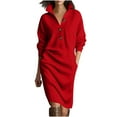 thumbnail image 2 of YueHuiYing Women's Solid-Color Casual Button-Down Collar Loose-Fit Straight-Cut Knit Mid-Length Sweater Dress with Pockets, 2 of 9