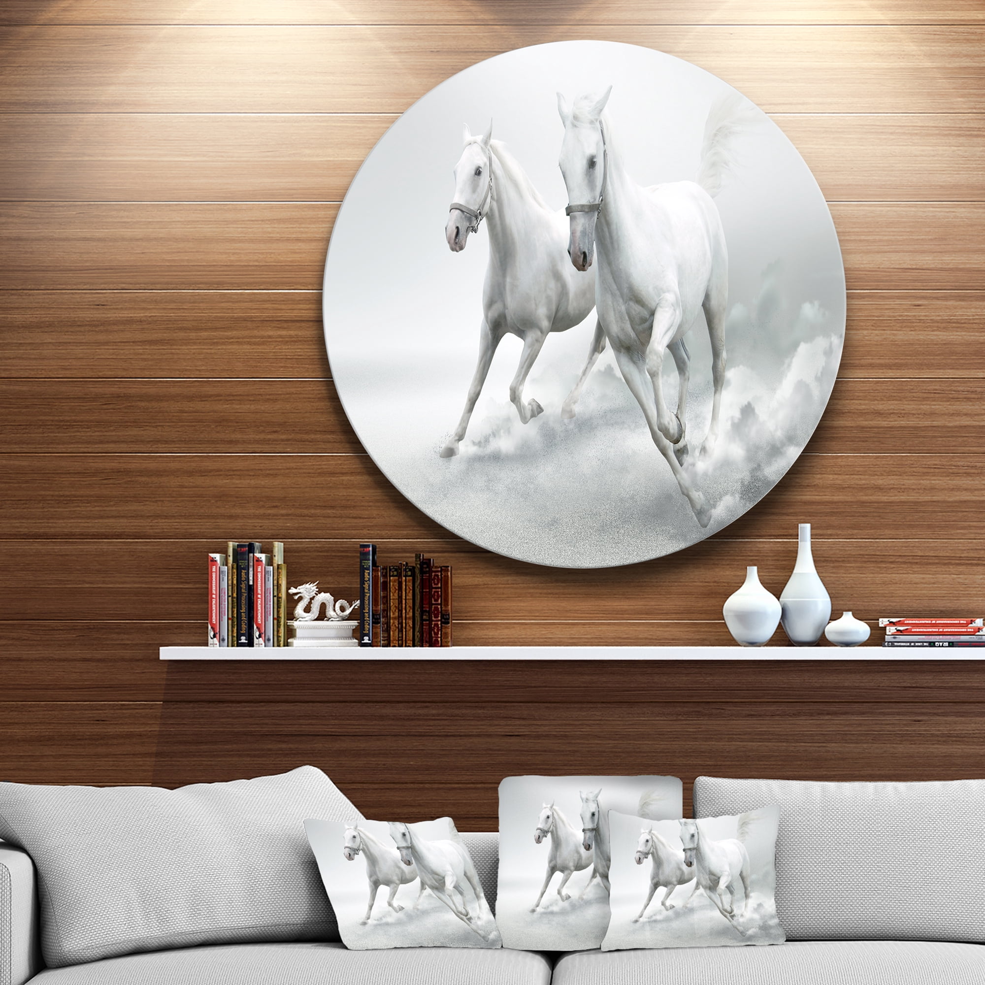Designart 'Running White Horses' Ultra Glossy Animal Oversized Metal Circle Wall Art