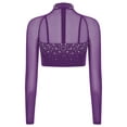 thumbnail image 2 of Sholeno Womens Glittery Rhinestone Dance Crop Tops Mesh Long Sleeve Pullover Cropped Shirt Dancewear Purple M, 2 of 5