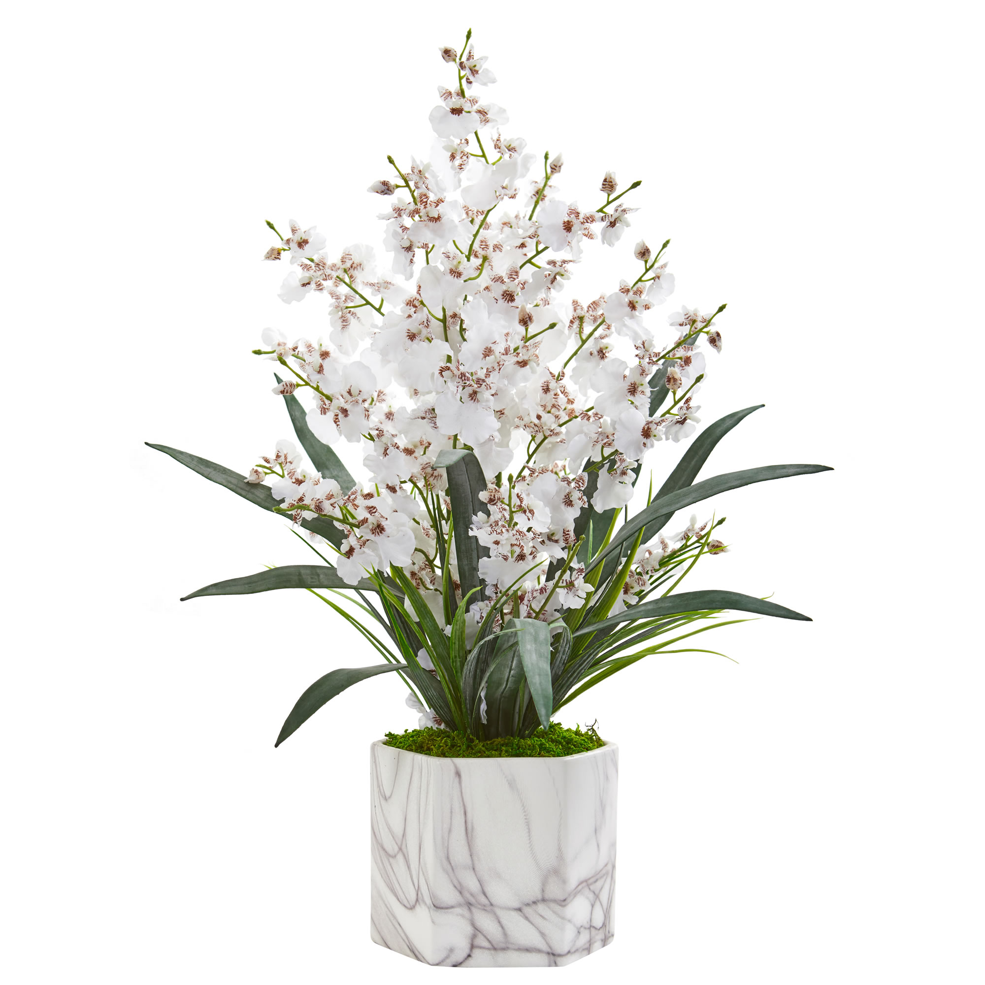 Nearly Natural Dancing Lady Orchid Artificial Arrangement in Marble Finished Vase
