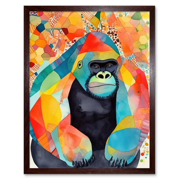 Colourful Gorilla Folk Art Watercolour Painting Art Print Framed Poster Wall Decor 12x16 inch