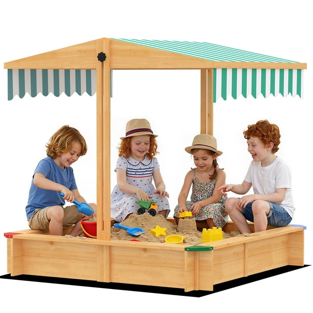 Outsunny Bac à Sable en Bois avec Couvercle, Auvent Ajustable, Brun Pâle