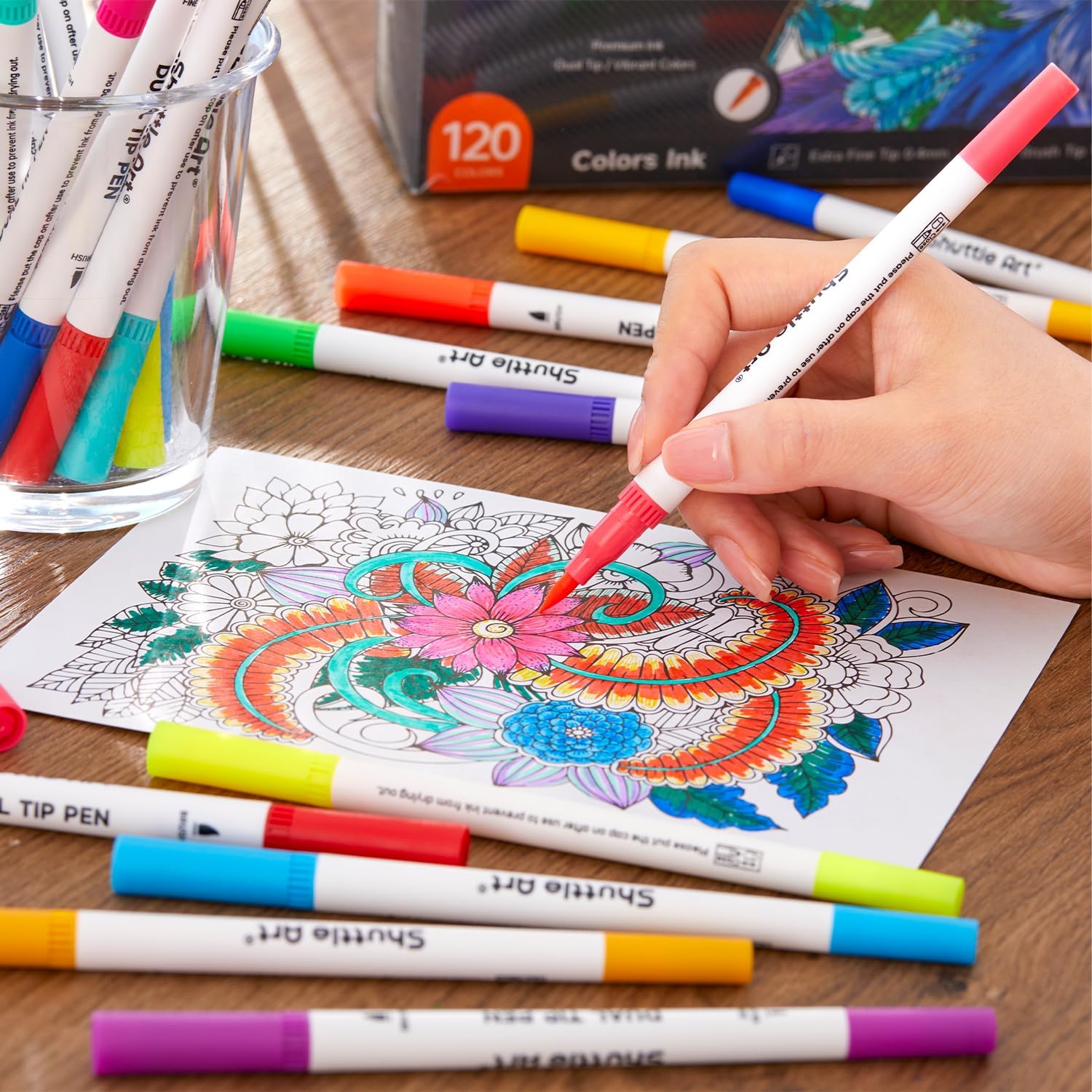 Shuttle Art 120-Color Dual Tip Brush Markers with Coloring Book photo 7