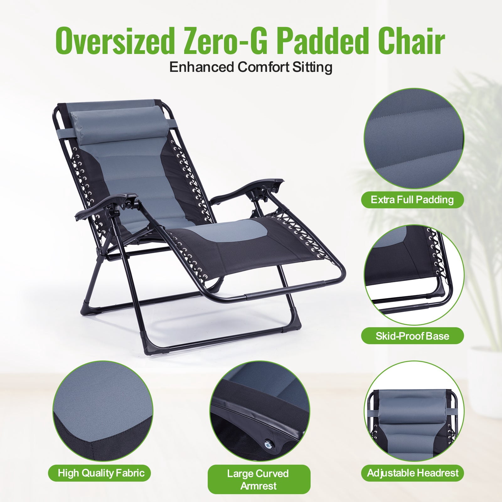 Backyard Expressions Deluxe XL Padded Recliner Zero Gravity Chair – Ergonomic Anti Gravity Lounger with Folding Design, Side Tray, and Adjustable Headrest