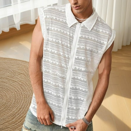 

KDJ Mens Hollow Out Vest Shirt Vintage Sexy Mesh Lapel Zip-up Sleeveless Tank Tops