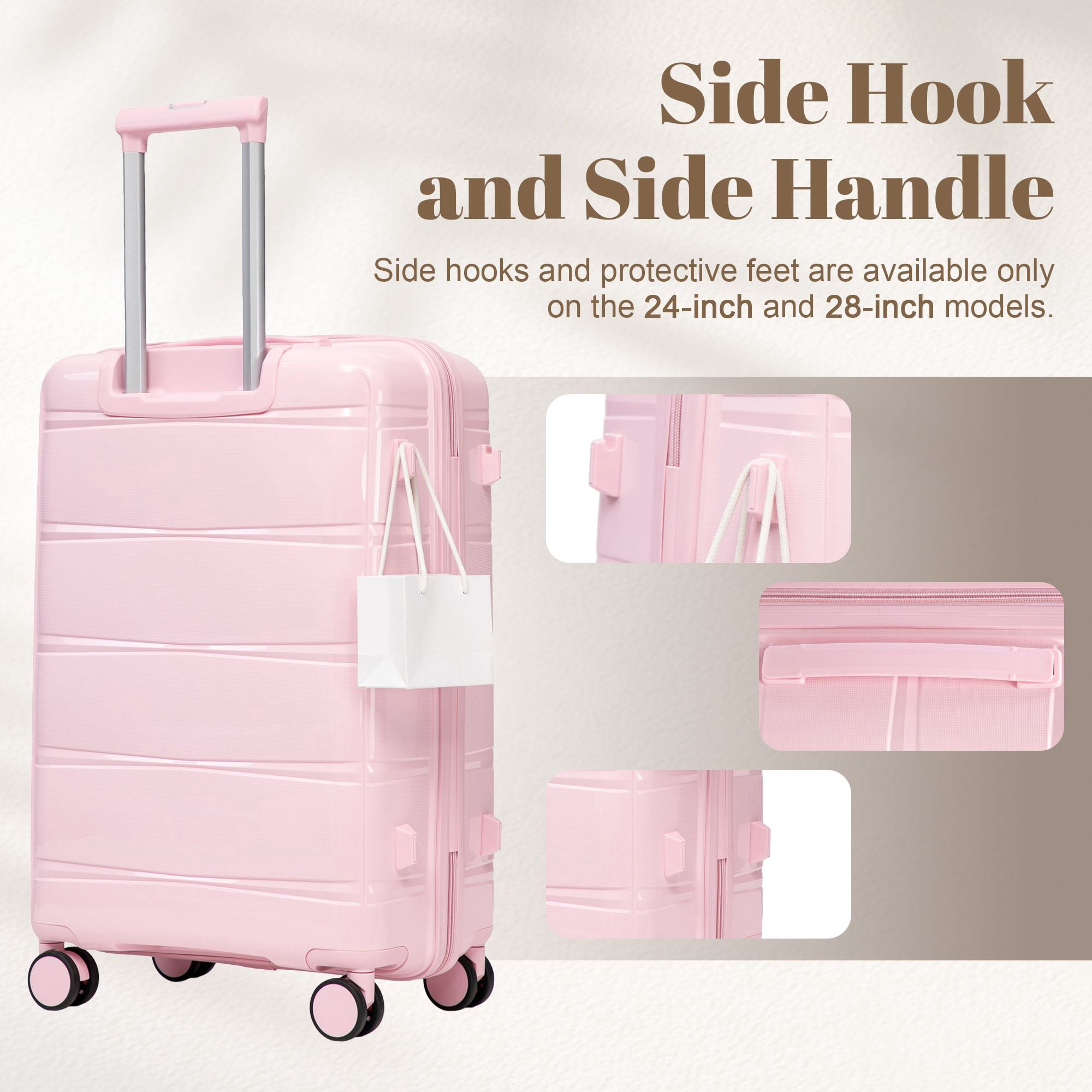 Alvantor 3 Piece Hardshell Luggage Set PP Hardside Suitcase with Iron Telescopic Handle Side Hook 20"24"28"(Pink)