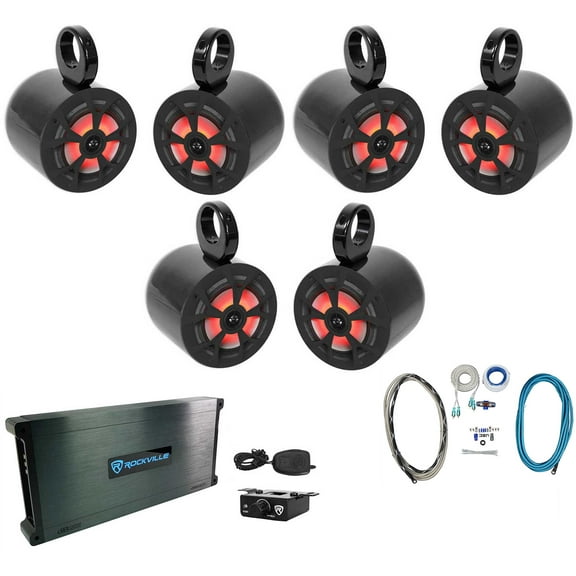 (6) Rockville RKL80MB 8" Marine Boat Wakeboard Tower Speakers w/LED''s Amplifier