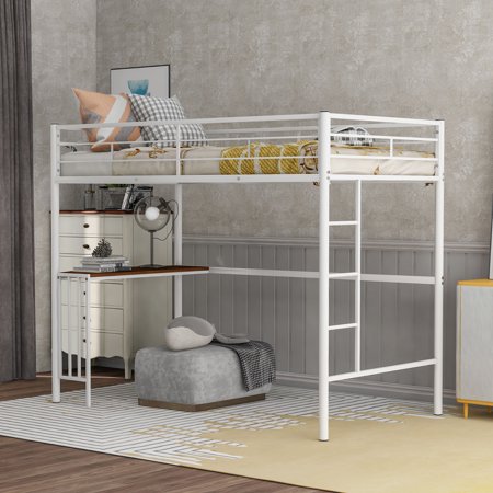 paproos Loft Bed with Desk  Twin Size Metal Loft Bed Frame with Ladder and Guardrails  Modern Twin Loft Bed for Kids Boys Girls Teens  White