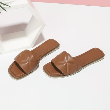 

Women‘s Flat Slide Sandals Quilted Faux Leather Open Toe Sandals