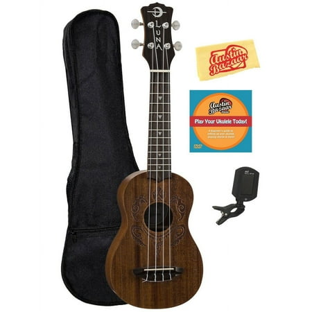 Luna Honu Tribal Turtle Mahogany Soprano Ukulele Bundle with Gig Bag, Tuner, Austin Bazaar Instructional DVD, and Polishing Cloth