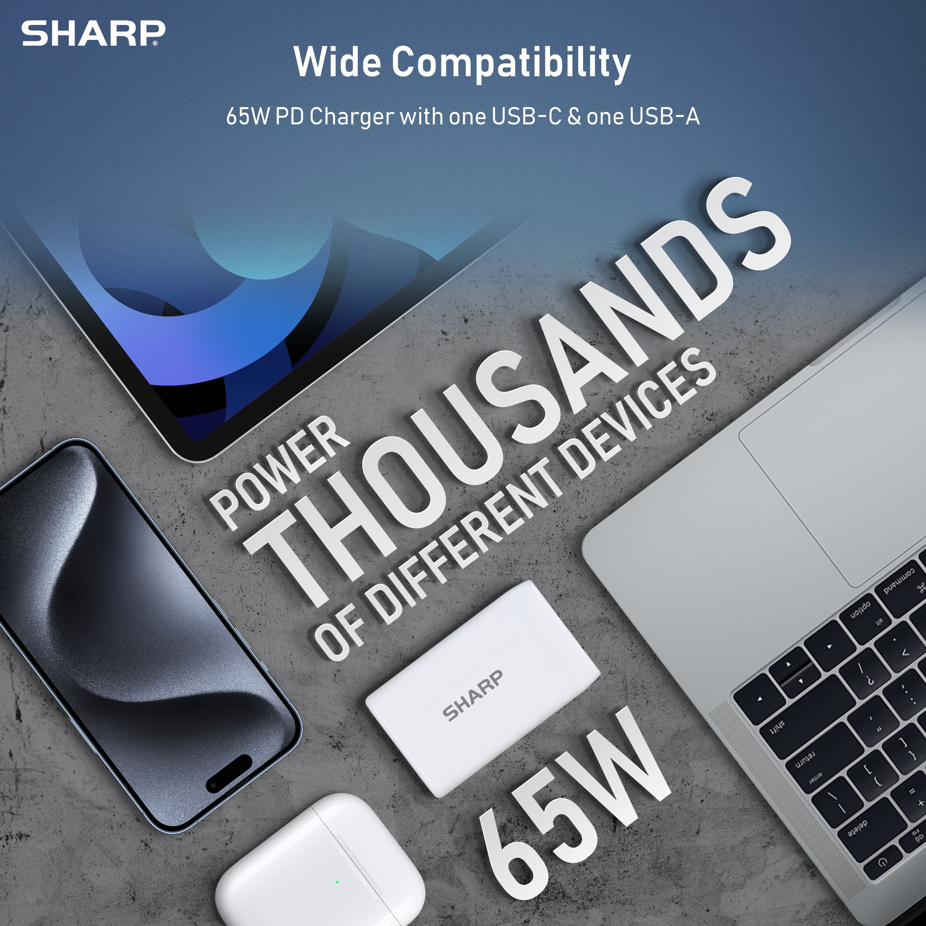 Sharp USB C Charger, 65W, 2 Port (USB A+C), Compact Foldable GaN Fast Charge for MacBook Pro/Air, iPad Pro, Galaxy S23, Dell XPS 13, Note 20/10+, iPhone 15/Pro, and More - White, G451A1CU-WHT