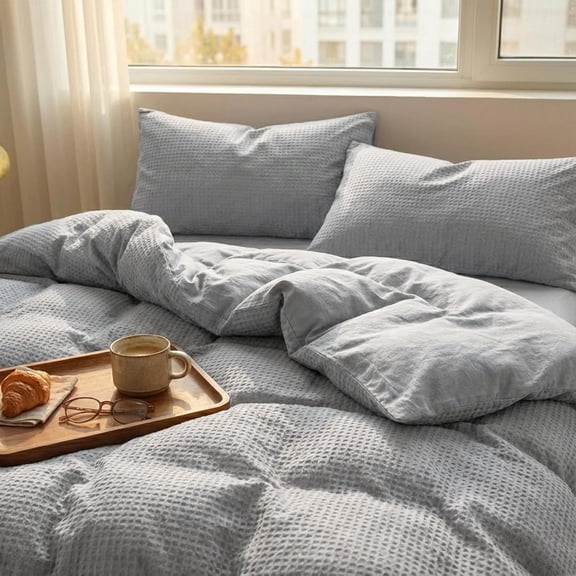 Cotton Duvet Cover King,100% Cotton Waffle Weave Grey Duvet Covers King Size,Luxury Textured & Breathable 3pcs with 2 Pillow Shams for All Season 104x90 Inches