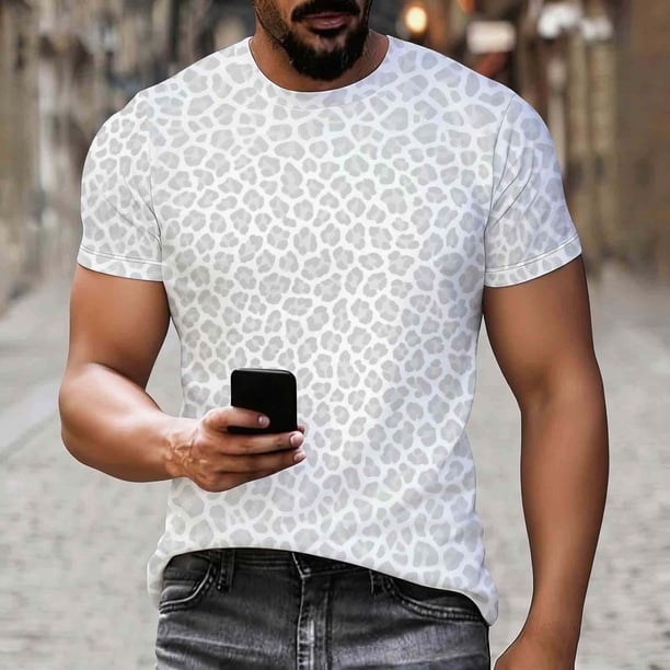 Ceisia Men's Slim Fit Grey-White Gradient Leopard Print Round Neck Short Sleeve Casual T-Shirt (S-XXXL) Gifts