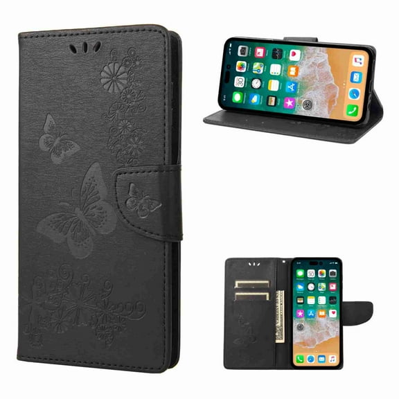 Decase for Apple iPhone XR Wallet Card Holder Slots Case, Shockproof Kickstand Wrist Strap Butterfly Floral Embossed PU Leather Flip Cover,black