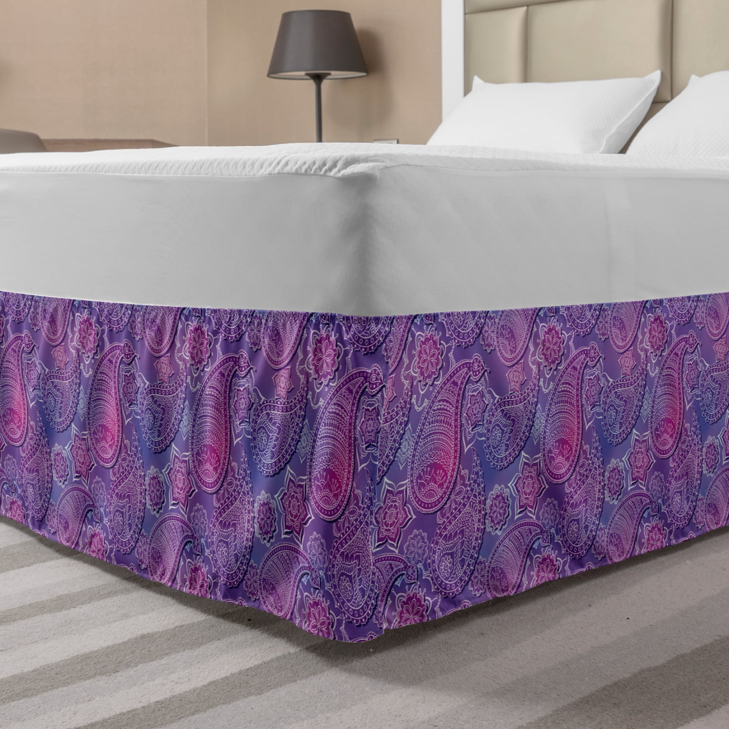 Paisley Bed Skirt, Purplish Pattern in Doodle Style Along Abstract