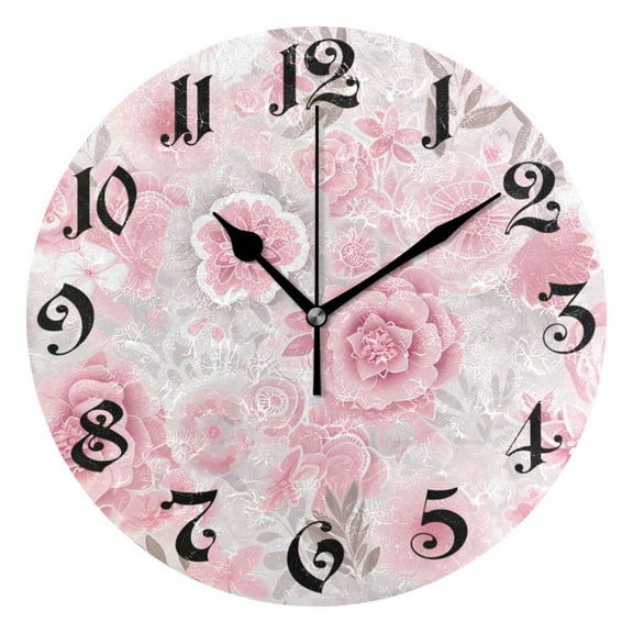 Wall Clock 10 Inch Silent Non-Ticking 8 Peony Flowers Pink Battery Operated Rustic Retro for Living Room Home Kitchen Bathroom