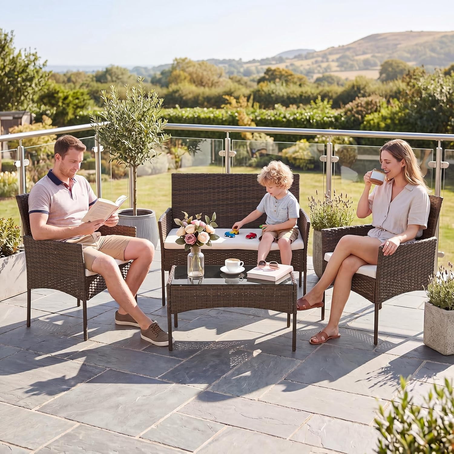Simenmax 4 Piece Rattan Conversation Set, Outdoor Patio Furniture with Double Loveseat & 2 Single Chairs, Glass Coffee Table for Backyard, Poolside, Garden,Beige