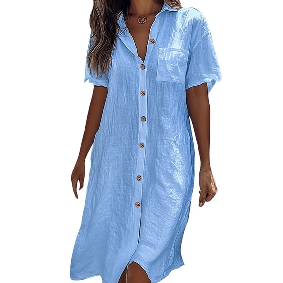 Cmfcve Plus Size Linen Dress for Women Summer Short Sleeve Button Down Shirt Dresses Collar Beach Cover Up with Pockets