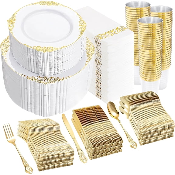 700PCS Gold Plastic Dinnerware Set - White and Gold Disposable Plates for 100 Guest - 200 Disposable Plates, 300 Heavy Duty Plastic Silverware, 100 Cups, 100 Napkins for Wedding Thanksgiving