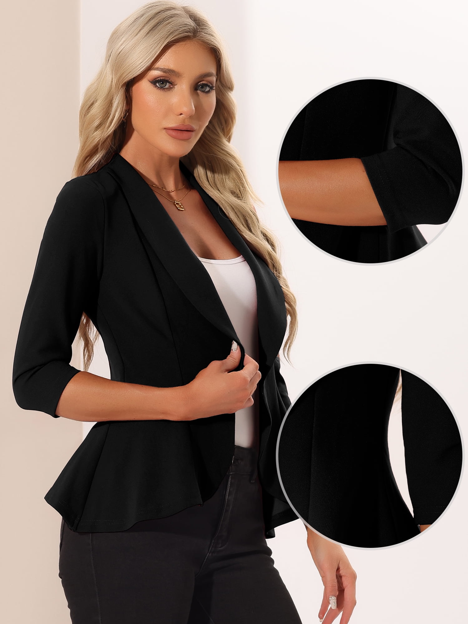 DARING DIVA Women's Draped Collar Open Front Blazer Ruffle Jacket M Black