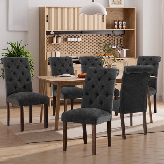 EOP Upholstered Dining Chairs Set of 6, Parsons Fabric Kitchen Chairs with Padded Seat, Button Tufted Armless Dining Side Chairs with Wood Legs, Black