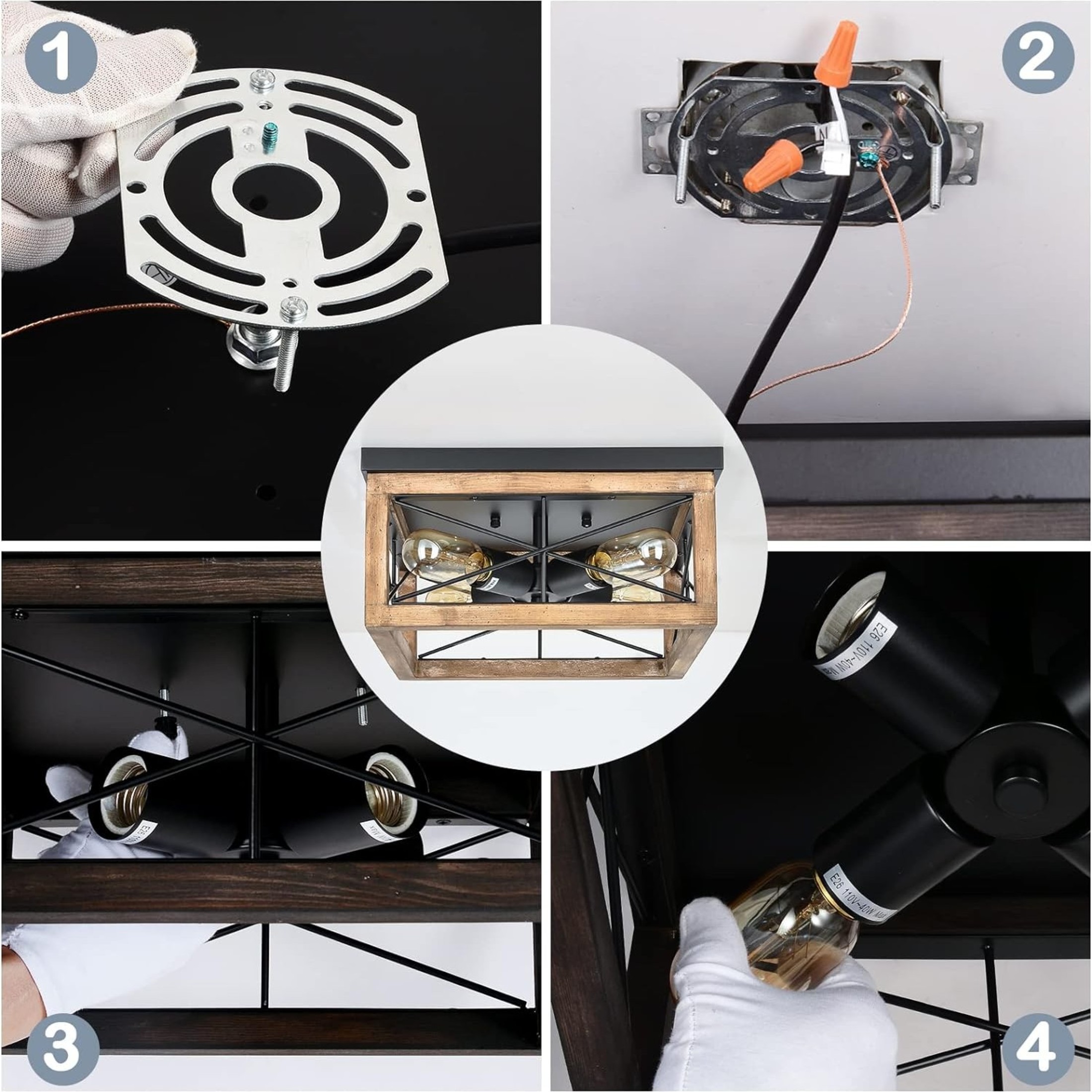 Noble House 13" Wooden Flush Mount Ceiling Light, 4-Light Farmhouse Close-to-Ceiling Fixture Lamp, Black