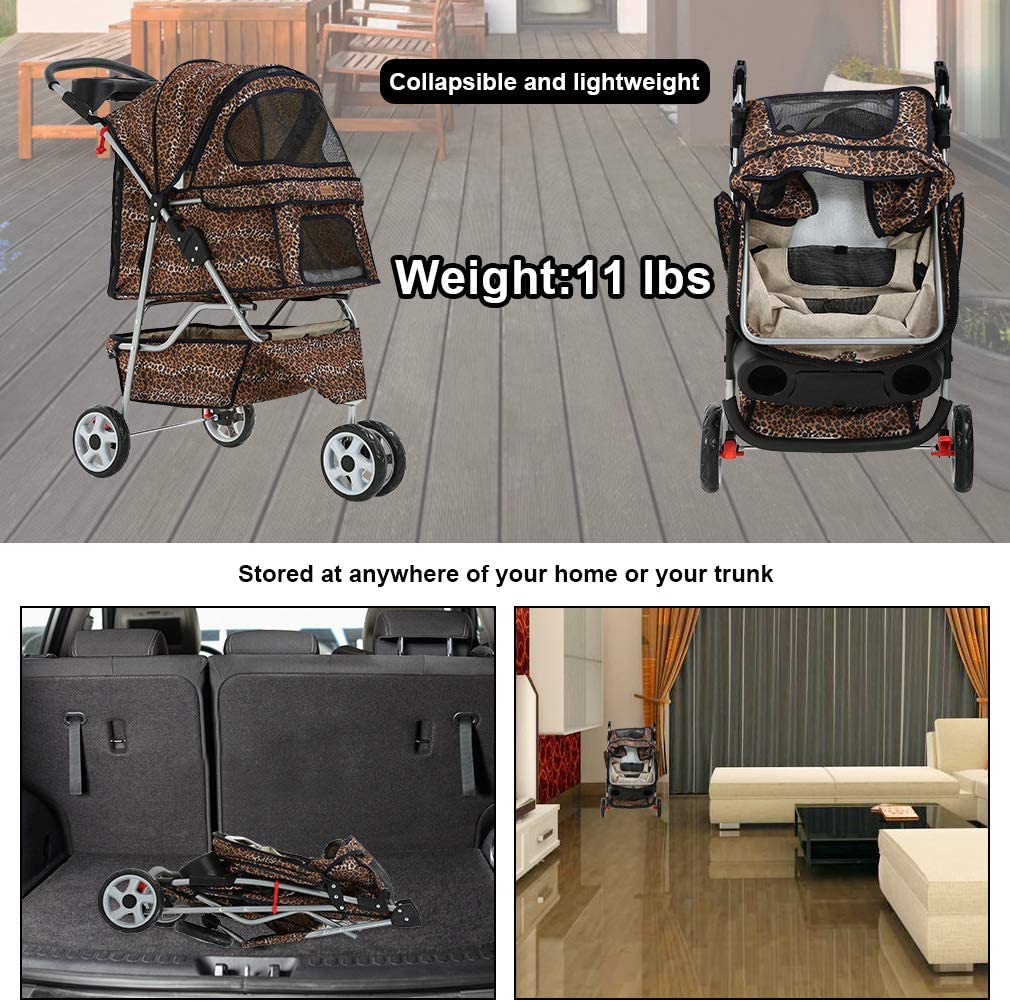  BestPet Extra Wide 3 Wheels 4 Wheels Pet Dog Cat Stroller with  RainCover,Leopard Skin (3 Wheels) : Pet Supplies