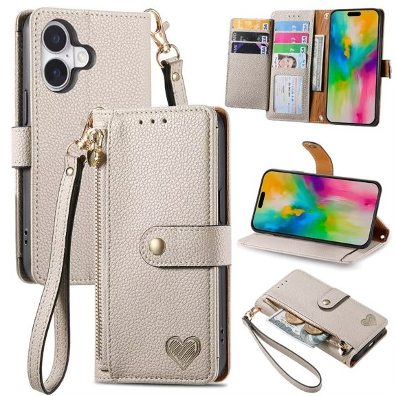 for iPhone 15 Plus Leather Phone Case Wallet Zipper Pocket Pouch Folio Flip Cover Kickstand, Multi Anti-theft Card Holder Cash Slot, Double Magnetic Buckle, Wrist Lanyard,Gray,For iPhone 15 Plus