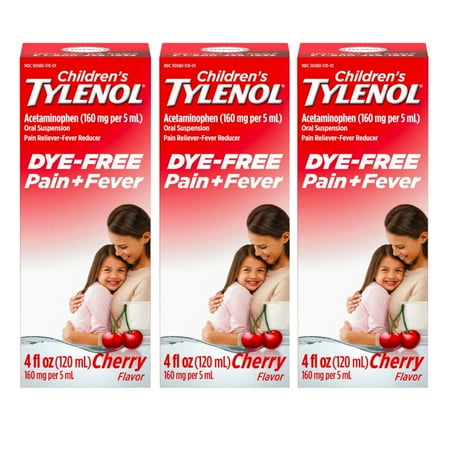 Tylenol Children's Pain + Fever Medicine, Dye-Free, Cherry (4 Ounce, 3 Pack)